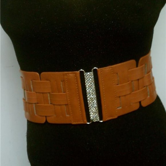 Fashion Horizontally & Vertically Design Red Elastic Waist Brown Belt Size S M - Picture 3 of 4